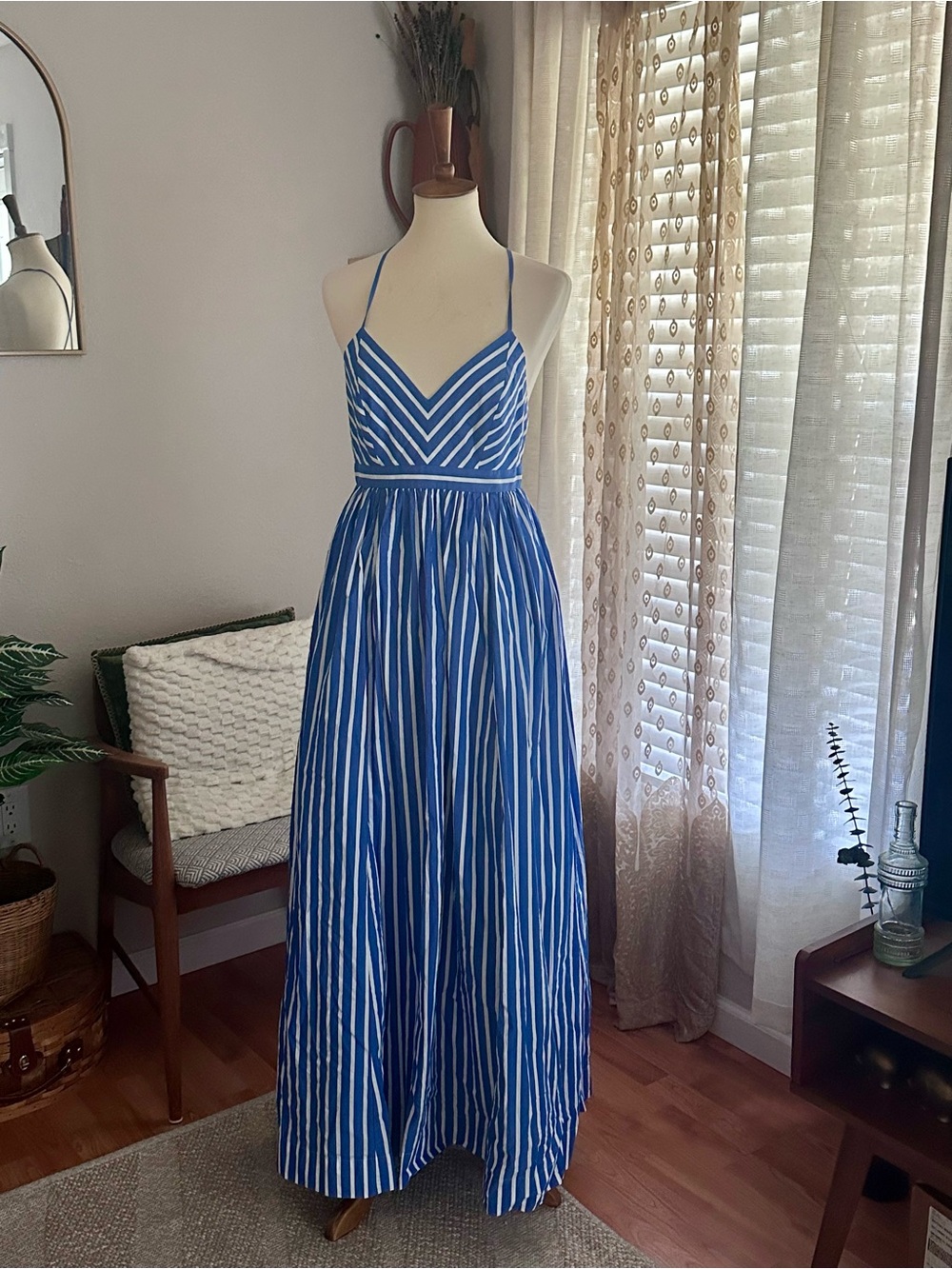 J. Crew Blue & White Striped V-Neck Maxi Dress
